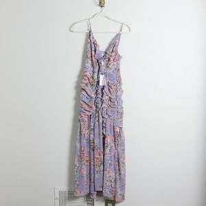 NWT ASTR Feminine Lavender Floral Ruffled Front Split Waterfall Hem Dress